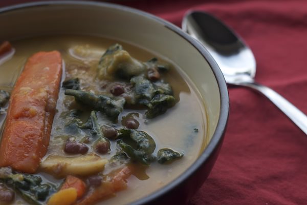 root vegetable stew with miso + kale