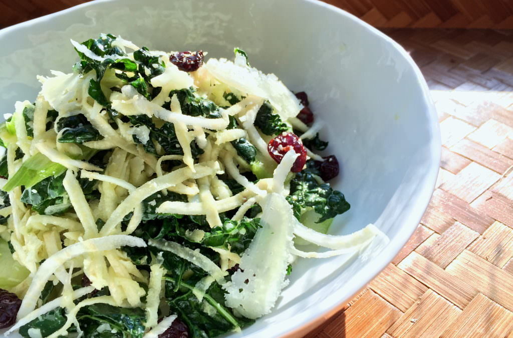 a satisfying salad to transition into winter — celery root with greens + tart dried cherries