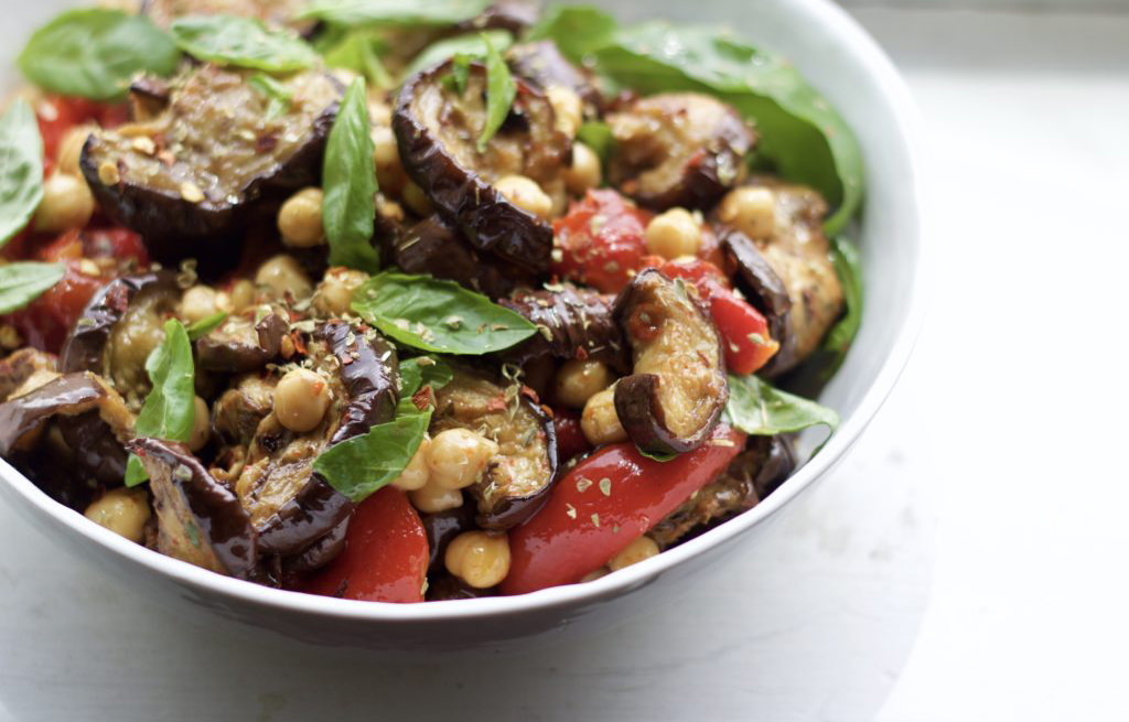 the perfect make-ahead summer dish – chickpeas with roasted eggplant, peppers + basil